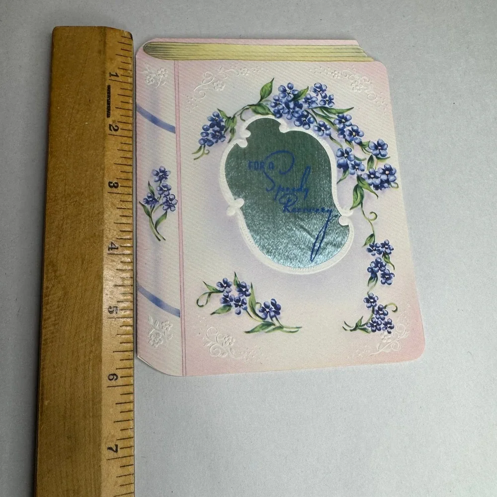 Vintage Get Well Soon Greeting Card Blue Flowers Book Shape Unused 1950s 1960s